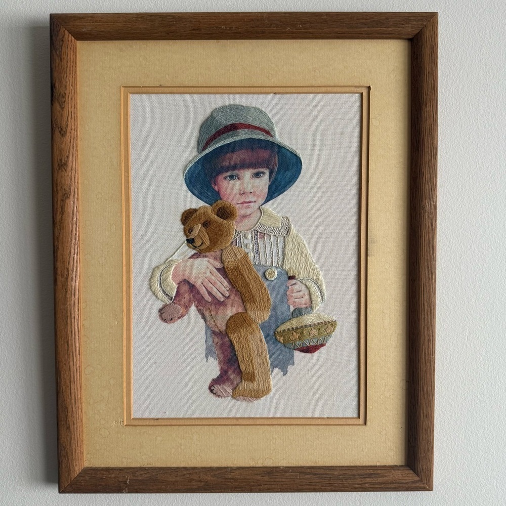 Vintage Embroidery Nursery Baby Art Wooden Framed Kid With Teddy Bear 16x20” - Picture 1 of 9